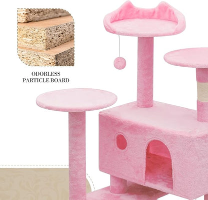 Athena Collection 70 Inch Cat Tree for Indoor Cats, Multi-Level Activity Center with 2 Condos, Scratching Post & Dangling Ball, Tall Climbing Tower, Pink