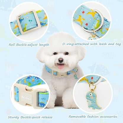 Dinosaur Dog Collar for Small Dogs, Cute Puppy Collars with Quick Release Buckle, Cotton Dog Collars for Small Medium Large Dogs, Fashion Pet Collar for Girl Boy Dog-S