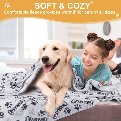 Large Dog Blanket, Soft Fleece Dog Blankets for Medium Dogs, 60X50 inches Fluffy Flannel Pet Cat Puppy Blanket Mat Cover for Bed Couch,Cute Flannel Bones and paw Print, Grey