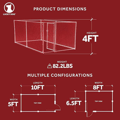 Lucky Dog Heavy Duty Outdoor Galvanized Chain Link Dog Kennel Enclosure with Latching Door, 1.5 Inch Raised Legs, and Adjustable Configuration, Silver