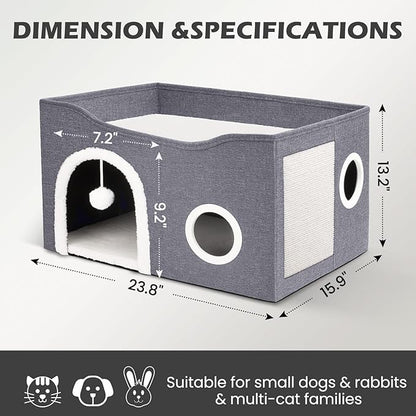 Heeyoo Cat House for Indoor Cats - Large Cat Bed Cave with Fluffy Ball and Scratch Pad, Foldable Cats Houses & Condos, Cat Hideaway, Covered Kitty Bed for Multi Small Large Kitty, 23.8x15.9x13.2 Inch