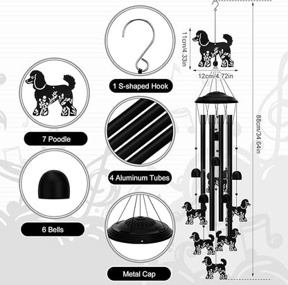 Poodle Wind Chimes for Garden, 34.6 Inch Weather-Resistant Metal Windchime with 4 Aluminum Tubes, Pet Memorial Gift for Dog Lovers, Patio & Yard Deco