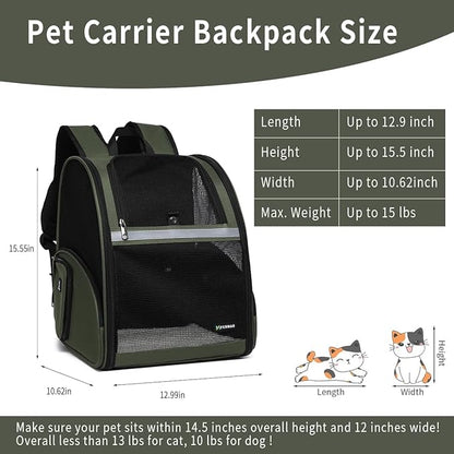 Cat Backpack Carrier for Small Dogs and Medium cat Puppy Kitten Bunny Pet Carrier Backpack Collapsible with Fully Ventilated Mesh with Safety Leash (DarkGreen, 12.9" L x 10.62" W x 15.5" H - M)