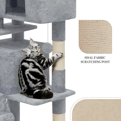 Athena Collection 70 Inch Cat Tree for Indoor Cats, Multi-Level Activity Center With 2 Condos, Scratching Post & Dangling Ball, Tall Climbing Tower, Light Gray
