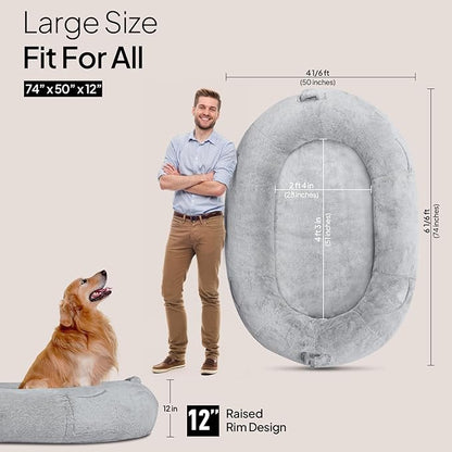 Giant Human Sized Dog Bed for Adults and Pets, 74"x50"x12" Pressure Relieving Memory Foam for Ultimate Comfort, Waterproof & Machine Washable Cover, Family Bedroom Lounger, Grey White