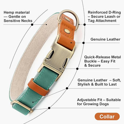 Plutus Pet Genuine Leather & Hemp Dog Collar – Adjustable Heavy Duty Pet Collar with Quick Release Metal Buckle, Soft & Stylish for Puppy and Small, Medium, Large Dogs (Green, L)