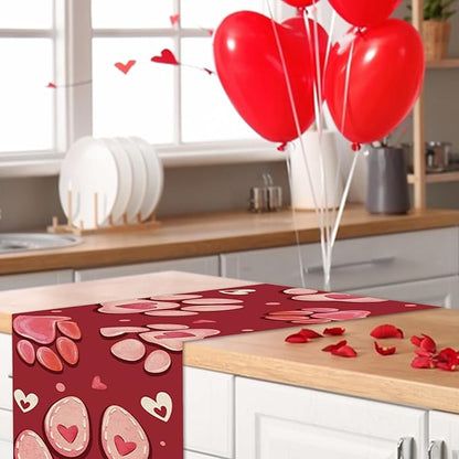 Valentines Day Dog Cat Paw Prints Table Runner, Red Love Hearts Kitchen Dining Table Decoration Pet Lover Gift, Anniversary Wedding Burlap Indoor Outdoor Home Decor Party Supply 13 x 90 Inches