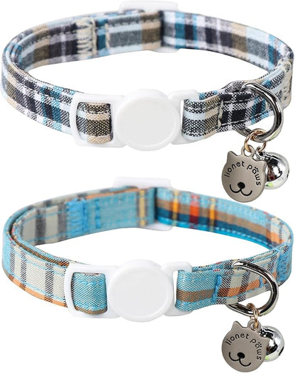 Lionet Paws 2pcs Pack Cotton Cat Collar,Breakaway Buckle with Blue Grid and Brand Pendant Cute Adjustable Cat Kitten Collar,Ideal for Girl Cats Boy Cats