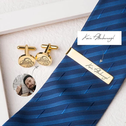 Anavia Pet Portrait & Handwriting Cufflinks Tie Clip Gift Box Set, Personalized Sketch Style Photo Engraving Men's Jewelry Accessories for Father Dad Brother Boyfriend Husband Wedding Birthday Gift