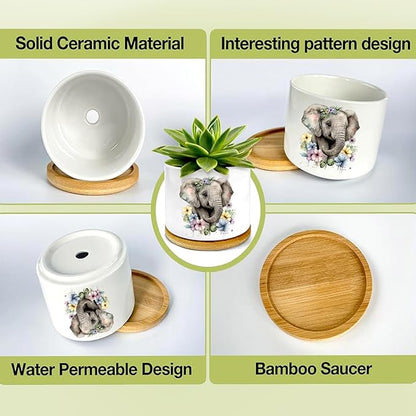Elephants Succulent Pots 3 Pack, 3 Inch Succulent Planters with Drainage and Bamboo Tray, Elephants Gifts for Women, Ceramic Small Pots for Baby Plants, Cactus, Herbs- Plants Not Included