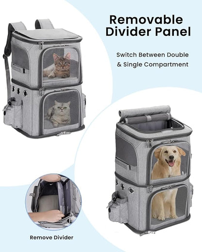 Double-Compartment Pet Carrier Backpack for Small Cats and Dogs, Cat Travel Carrier for 2 Cats, Perfect for Traveling/Hiking/Camping, Grey