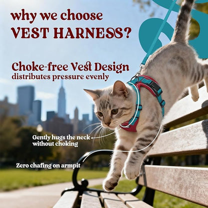 rabbitgoo Cat Harness and Leash for Walking, Escape Proof Soft Adjustable Vest Harnesses for Cats, Easy Control Breathable Reflective Strips Jacket, Red & Teal, XS