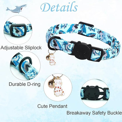 Cat Collar-2 Pack Collars Dinosaur & Shark Cat Collar Breakaway with Kitten and Bell Pendant Safety Buckle Pet Collar Cute Cotton Collar for Cats Gift and Small Pets
