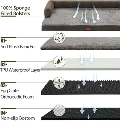 Orthopedic Dog Beds for Large Sized Dogs, Waterproof Egg Crate Foam Large Dog Couch Beds with Comfy Bolster 36x27Inch, Washable Pet Beds with Removable Cover and Nonskid Bottom, Dark Green