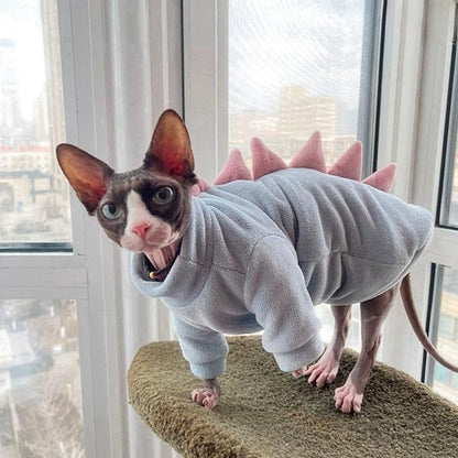 Dinosaur Sphynx Cat Clothes, Soft Polar Fleece Sweater for Cat, Elastic Pet Clothes Thick Winter Warm Outfit for Hairless Cat, Devon, Cornish, Small Dogs Apparel with Sleeves (Sky Blue, Medium)