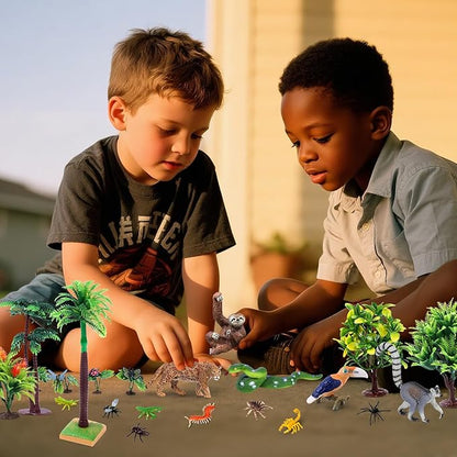 26Pcs Rainforest Animal Figures, Realistic Jungle Animals Toys with Snake Sloth Leopard Monkey Bird Insects Trees for Kids Educational Birthday Diorama Decoration Party Favor School Projects