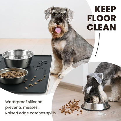 VIVAGLORY Dog Food Mat Flexmat Dog Bowl Mat, Placemat Food Tray with Raised Edges & Lip for Indoor Floor, Non Slip Waterproof Silicone Dish Placemat for Cat & Pet, S, Black