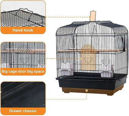 20.5"x18.1"x14.2" Portable Bird Travel Cage with Handle, Metal Carrier with Food Container, Wooden Perch & Pull-Out Tray for Small Parrots, Canaries, Cockatiels, Lovebirds, Conures