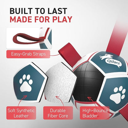 QDAN Small Dog Toys, Outdoor Indoor Toys to Keep Them Busy, Soccer Ball with Straps, Puppy Birthday Gifts, Dog Water Toy, Durable Puppy Balls（5 Inch）