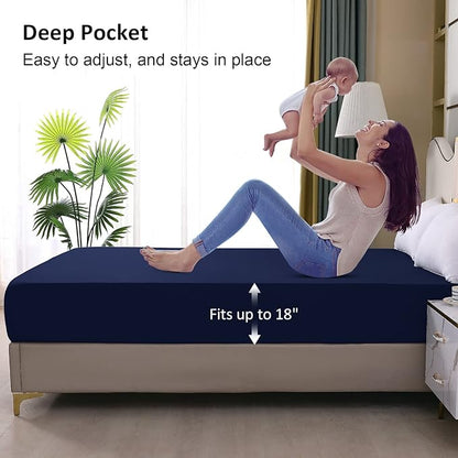Twin Mattress Protector Waterproof, Fitted Sheet Style Breathable Cooling Mattress Cover with Deep Pocket Fits Up to 18'', Noiseless Bed Cover for Kids Adults, Machine Washable(Navyblue, 39'' X 75'')