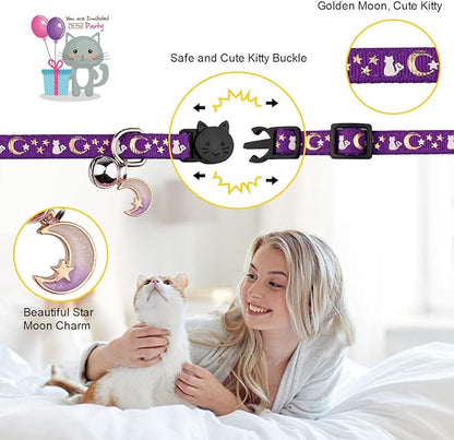 2PCS Breakaway Cat Collars with Bell Cute Kitty Glow in The Dark Adjustable Kitten Collars 7.9-13.0 Inch(Purple&Pink)