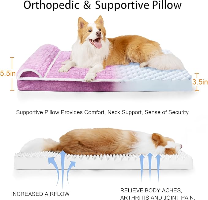 Orthopedic Dog Bed Large Sized Dog with Pillow 36''X24'', Waterproof Soft Comfortable Egg Crate Foam Pet Crate Beds Mat with Removable Washable Cover and Non-Slip Bottom, Lilac