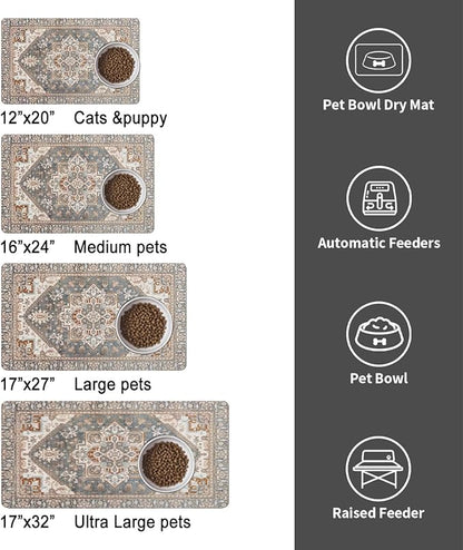 Dog Food Mats for Floors, Absorbent and Quick-Drying Pet Cat Food Mat,Anti-Fouling and Easy-to-Clean Pet Feeding Mat,Dog Bowl Mat for Messy Drinking Water Bowls.17 x32, Bohemia Style