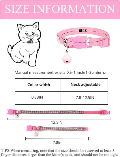Cat Collars for Girl Cats with Rhinestone Soft Velvet,Breakaway Cat Collars with Bell,Adjustable Safe Kitten Collar (Multicolour Pink)