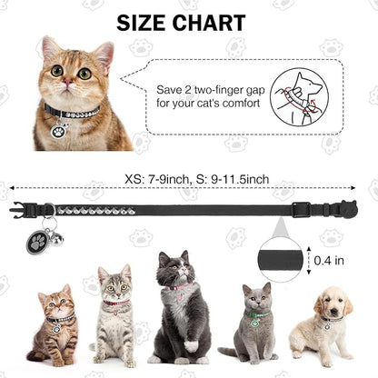 Leather Personalized Breakaway Cat Collar with Studded Bell and Safety Quick Release Buckle - Rivets Studded ID DIY Collars for Boy Girl Cats Kittens, Black XS