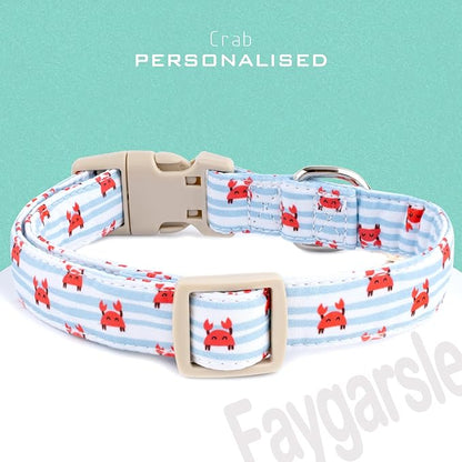 Faygarsle Cute Crab Pattern Dog Collar, Cotton Fabric, Light Blue Stripes, for Small Medium Large Dogs M