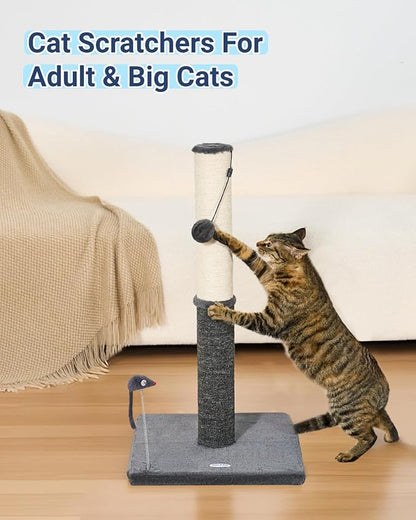 Happi N Pets 29.5" Tall Cat Scratching Post, Cat Scratcher for Indoor Cats, Sisal Scratch Post & Carpet Post in One, Stable Cat Scratch Post with Two Toys, Extra Free Toy, Smokey Gray