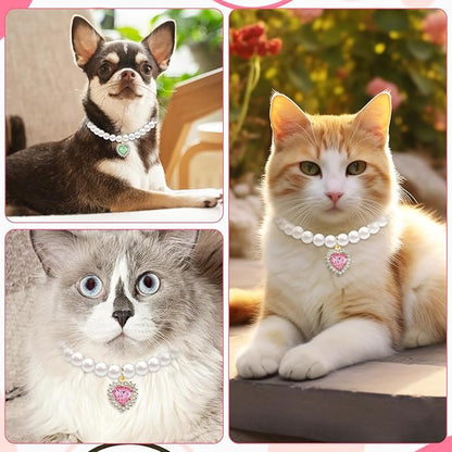 2PCS Kitten Collars Pearl Cat Dog Collar with Small Heart Shape Rhinestone, Cat Collars for Girl Cats, Adjustable Dog Pearl Necklace Collar for Small Dogs and Cats, Pink + Green