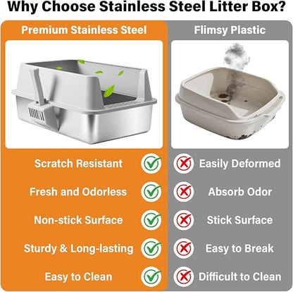 Stainless Steel Litter Box,XL Metal Cat Litter Box with Lid High Sides, Extra Large Litter Boxes for Big Cats,Odor-Resistant, Scratch-Proof, Easy to Clean, Non-Stick,Scoop Included