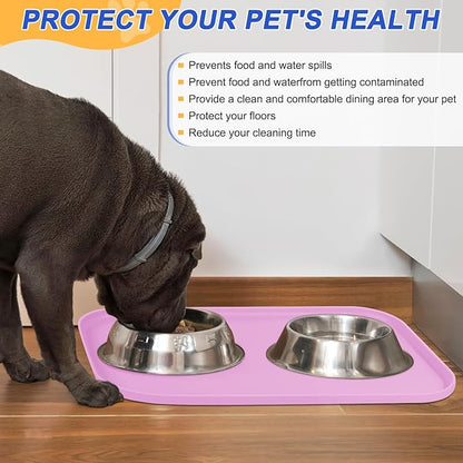 Silicone Pet Feeding Mat with Raised Edge for Food and Water, Dog Bowl Mats, Cat Bowls Placemat with High Lip for Floor Waterproof, Rubber Tray for Cats and Dogs 24 x 16 x0.8 Light Pink