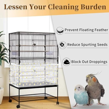 Daoeny Large Bird Cage Cover, Bird Cage Seed Catcher, Adjustable Soft Nylon Mesh Net with Daisy Pattern, Birdcage Cover Skirt Seed Guard for Parrot Parakeet Macaw Round Square Cages (White)