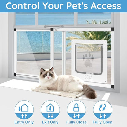 Sliding Cat Door for Window, Fits 28.5"-32" Width Window, 2-Min Install | Aluminum Frame + HD Glass | Weatherproof Design | Magnetic Closure Window Cat Door Insert, Adjustable Pet Door Window for Cats