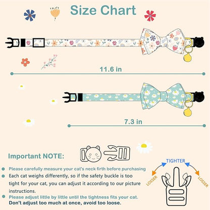 Faygarsle 2 Pack Cotton Designer Breakaway Cats Collar with Bow Tie and Bell Cat Collars for Girl Female Cat Collar with Bell Collars for Cats Flower Pattern