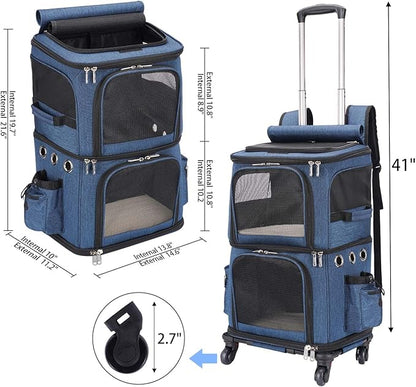 Double-Compartment Pet Carrier Backpack with Wheels for Small Cats and Dogs, Cat Rolling Carrier for 2 Cats, Perfect for Traveling/Taking a Walk/Trips to The Vet, Blue