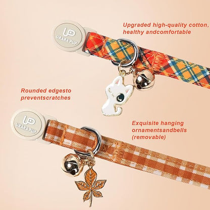 Cat Collar-2Pack Autumn Orange Plaid Kitten Collars-Halloween Plaid Breakaway Kitty Collars-Cute Kitty Pendants,Yellow Orange Grid Cat Collar with Bell, for Girl & Boy Cats