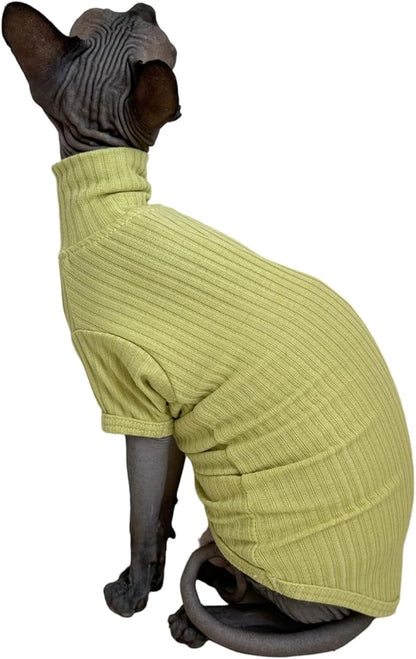 Sphynx Cats Shirt Cat Turtleneck Cotton Sweater Pullover Kitten T-Shirts with Sleeves Cat Pajamas Jumpsuit for Sphynx Cornish Rex, Devon Rex, Peterbald (Small, Green Yellow)