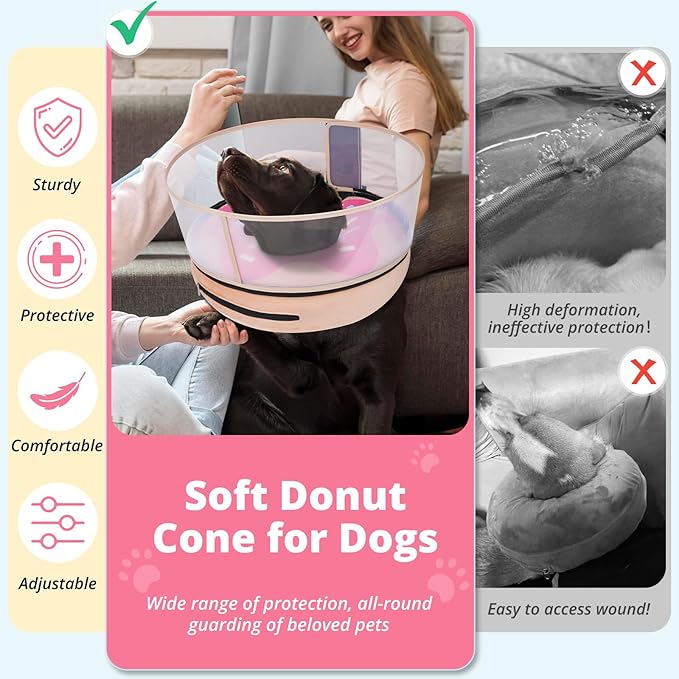 Inflatable Dog Cone with Transparent Shield, Protective Dog Donut Collar After Surgery to Stop Licking, Soft Donut Cone for Large Pets, Adjustable Recovery Collar with Buckle Visibility
