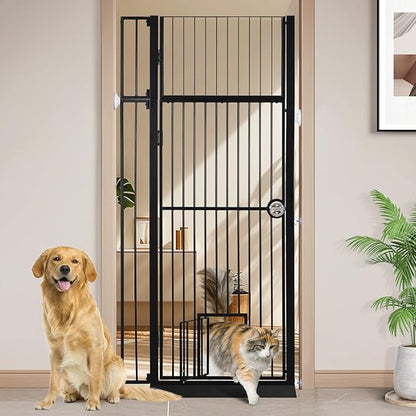71" Extra Tall Pet Gate with Cat Door, 30"-37.5" Adjustable Wide, No Drill Pressure Mounted Auto-Close Safety Pet Gate Walk Through Safety Cat Gate