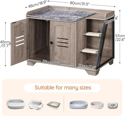 HOOBRO Cat Litter Box Enclosure with Ladder, Hidden Litter Box Furniture with Rechargeable 3-Color LED, Plush, Teaser Balls, 31.5" L x 18.9" W x 22.4" H, All-in-One, Black and Greige BG48MW01G1
