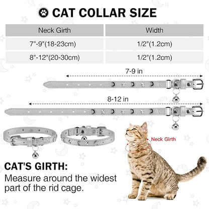 Leather Cat Collars for Boy Girl Cats with Bell and Safety Elastic Belt, Personalized Star and Moon Stud Adjustable Safe Buckle Collar for Kitty Small Big Cats Size 8-12 Inch, Silver Grey