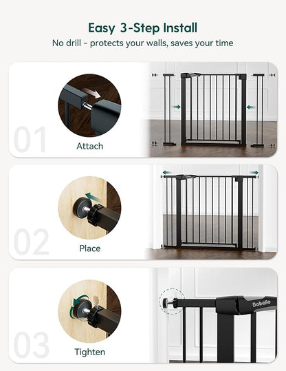 BABELIO 36" Tall Baby Gate, 26-40" Wide Auto Close Pet Gate, PressGuard C5 Pressure Mounted Metal Dog Gate, Easy-Install No Drilling, No Tools Needed, with Wall Protectors and Extension Kits, Black
