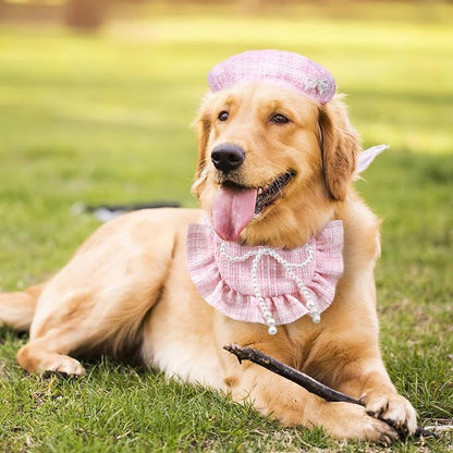HOWWFALY 2PCS Cat Beret Hat with Pearl Bowtie, Adjustable Bandana Scarf Set Pet Princess Costume for Halloween Christmas, Cat Dog Birthday Party Apparel (Pink Pearl)