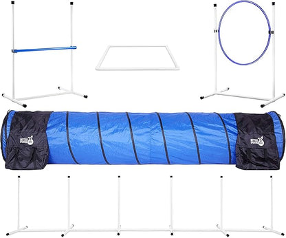 Better Sporting Dogs Complete Starter Agility Set for Dogs | 5 Piece Dog Agility Kit | Agility Jump | Tire Jump | Weave Poles | 10’ Tunnel with Sandbags | Pause Box