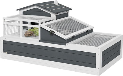 PawHut 3- Room Tortoise House Habitat with Balcony & 2 Stories, Indoor/Outdoor Wooden Tortoise Enclosure with Ladder, Tray, Openable Roof, Large Reptile Cage, 44" x 25.5" x 23", Gray
