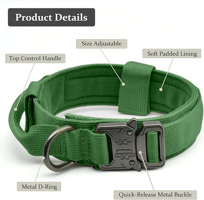 Tactical Dog Collar, Adjustable Military Training Nylon Dog Collar with Control Handle and Heavy Quick-Release Metal Buckle for Small Medium Large Dogs, Emerald Green M