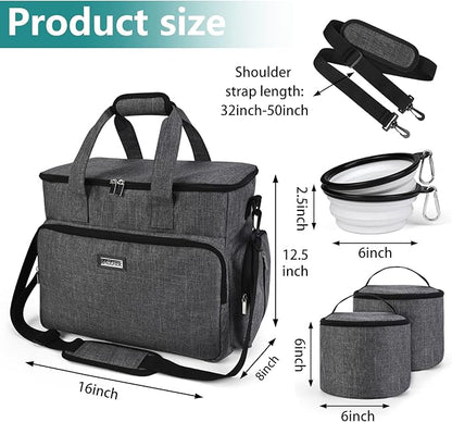 BAGLHER Dog Travel Bag, Airline Approved Pet Tote Organizer with Multi-Function Pockets, 2 X Food Storage Containers and 2 X Collapsible Bowls, Perfect Weekend Pet Travel Set for Dog, Cat Grey